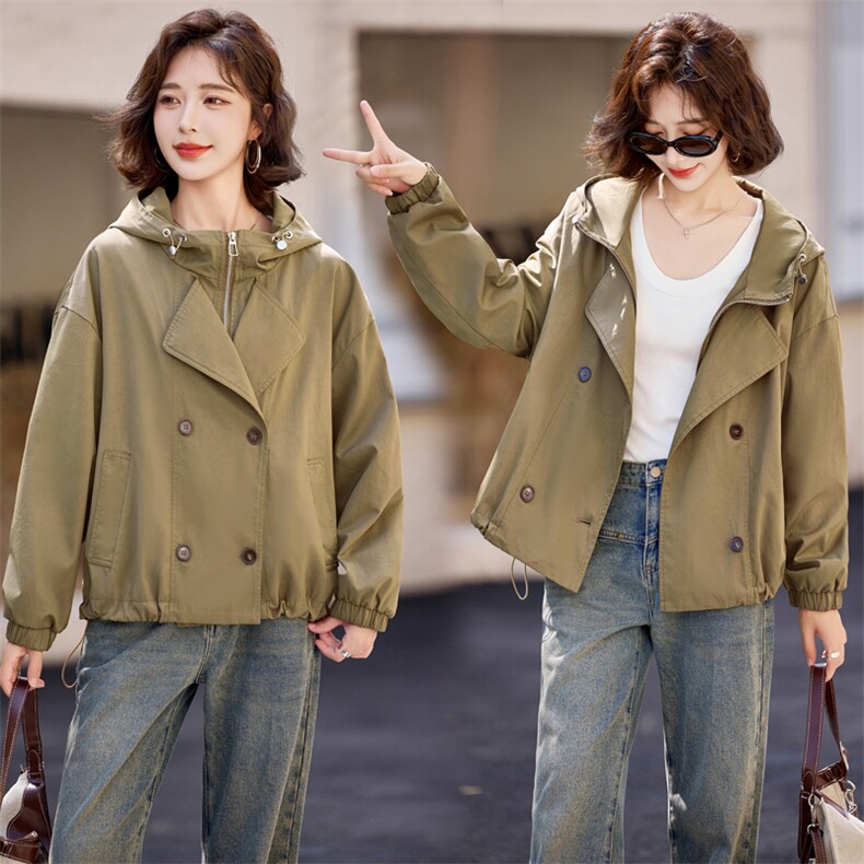 知性优雅连帽设计风衣式外套女2026春季摩登复古短款上衣，女装风衣，难舍钰依
