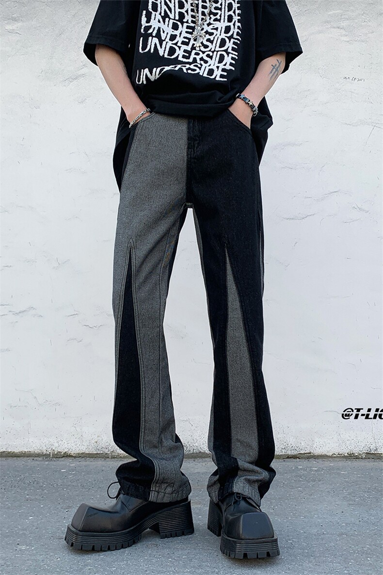 B221美式ins高街小众情侣个性款拼接微喇牛仔裤LK23095-P65控88,男装牛仔裤,电商B221