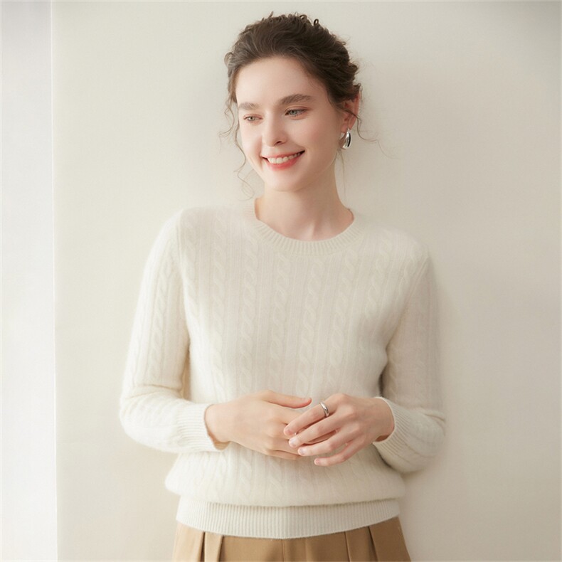 2025年秋季新款麻花针织圆领上衣毛衣时尚休闲百搭保暖，女装羊绒衫，澳煜绒