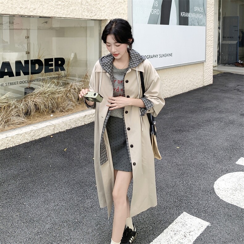 格纹风衣连帽常规长款拼接中长款大衣女秋季小个子春秋气质时尚,女装风衣,浙宝210（原浙宝191）