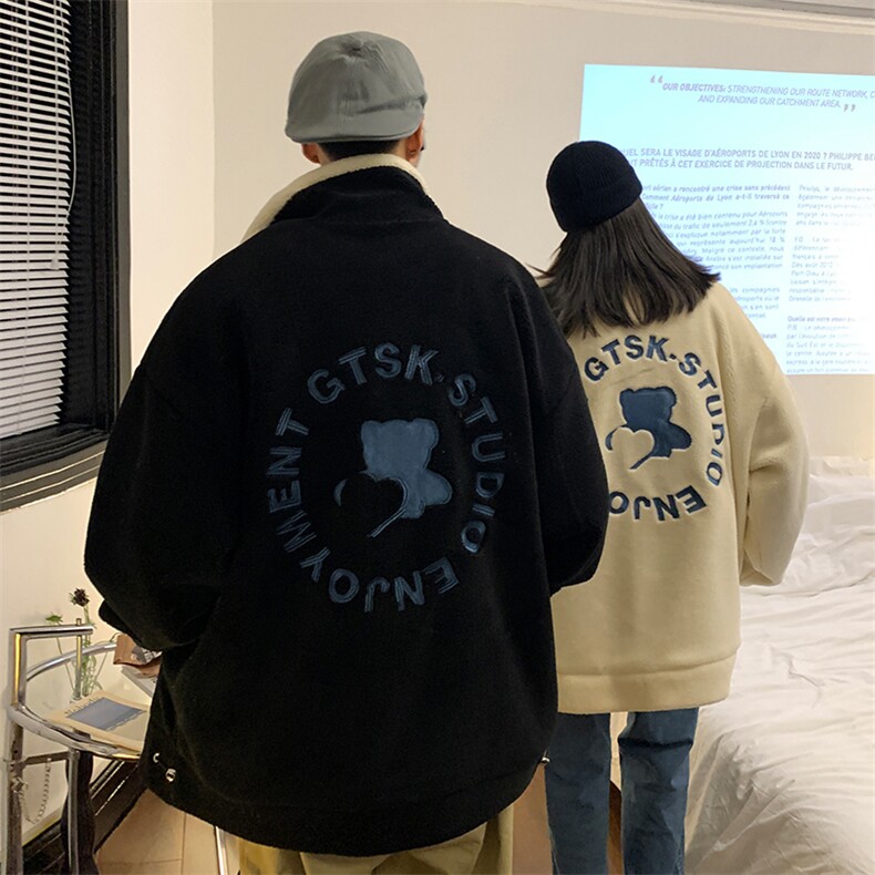 情侣装冬装羊羔毛绣花小熊拼色情侣棉衣外套棉服D119P118男类,男装棉衣,电商A335-1（原A458）