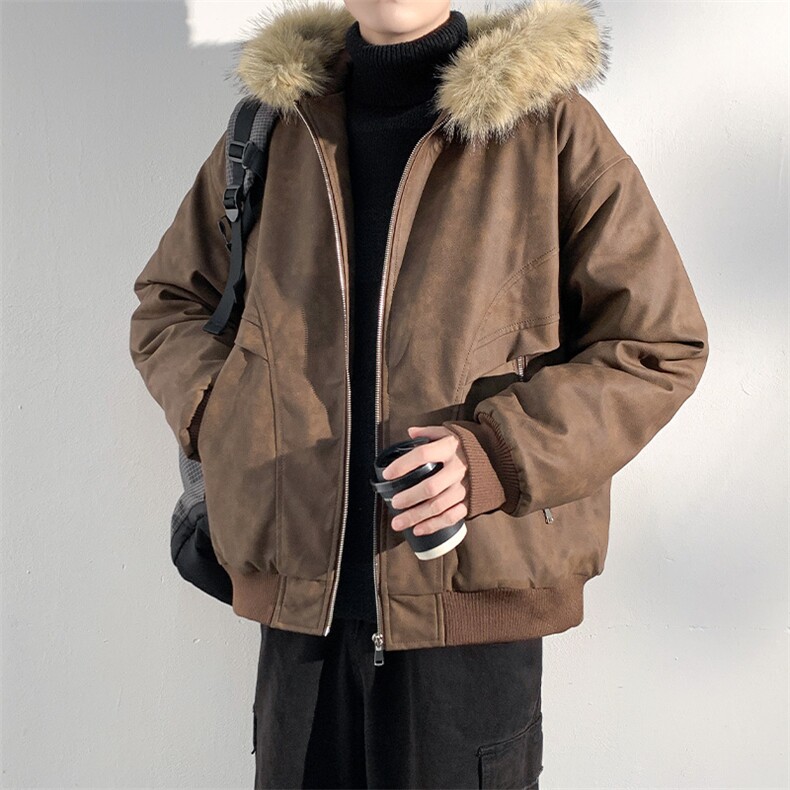 现货扎染PU皮棉服男冬季加厚连帽棉衣座山雕大毛领外套M090-P120,男装棉衣,星座308B-2