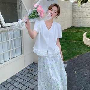 韩版温柔系甜美休闲衬衫套装女2025夏季新款显瘦碎花半身裙两件套图片