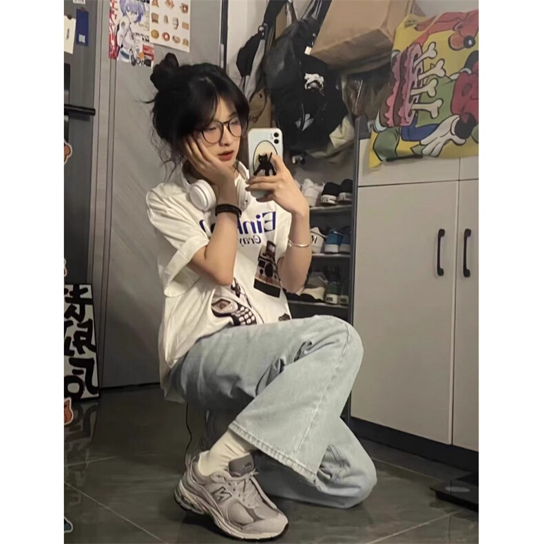 美式复古白色短袖t恤女宽松夏季小众设计感学生半袖上衣DTX673,男装T恤,星座208-5