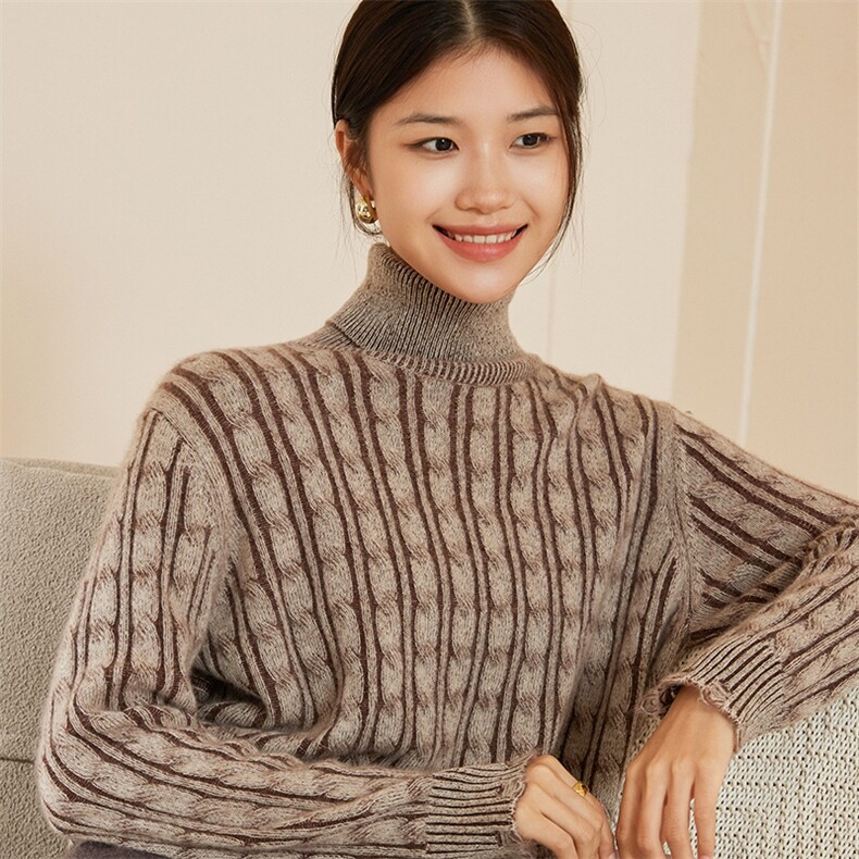 优雅复古花式编织高领女士羊绒衫百搭显瘦保暖时尚单品,女装羊绒衫,澳冬特羊绒