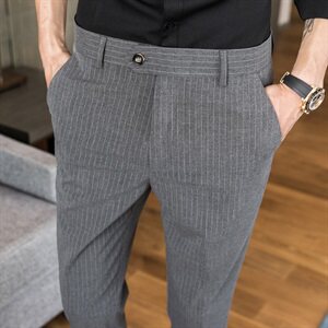 C794 2021春夏款竖条小西裤九分休闲男裤子-4色-米色竖条图片