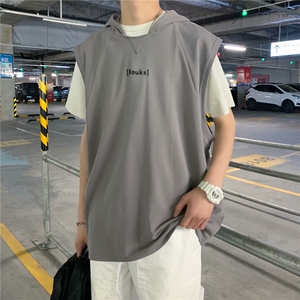 ins无袖背心男潮牌连帽砍袖夏季运动健身宽松马甲坎肩t恤BX055-30图片