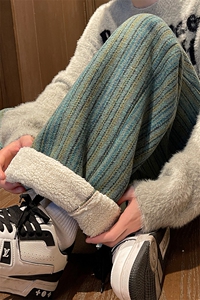 慵懒风条纹裤子男oversize加大码复古潮牌宽松春秋季阔腿直筒长裤图片