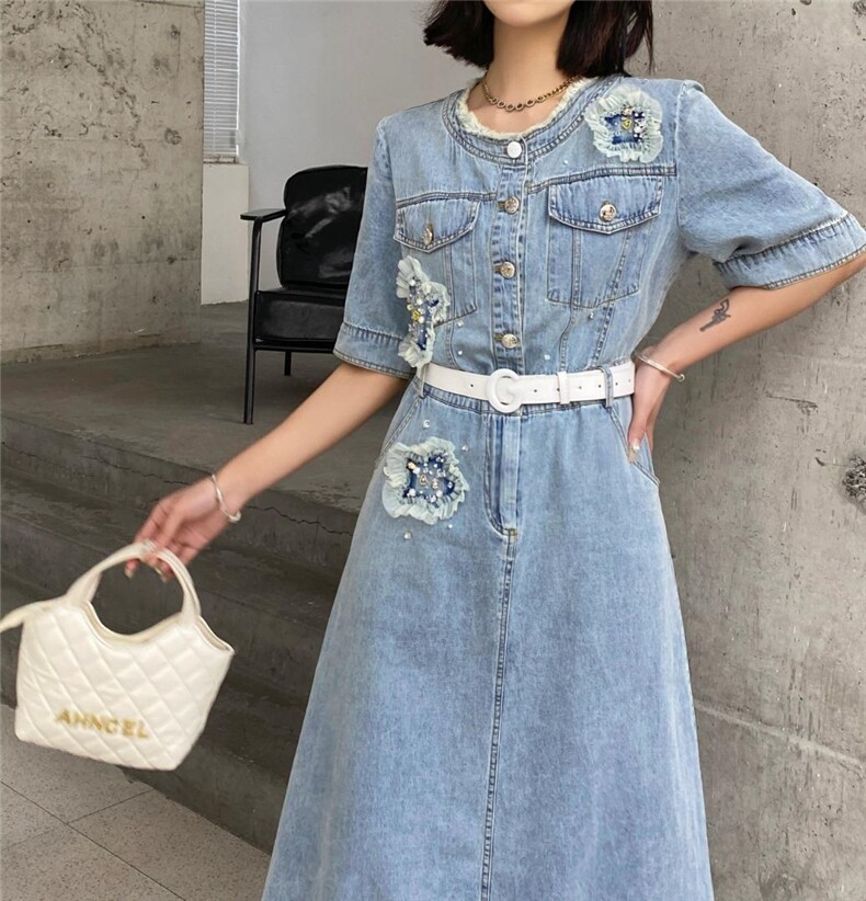 手工钉珠牛仔连衣裙，女装连衣裙，哥卓