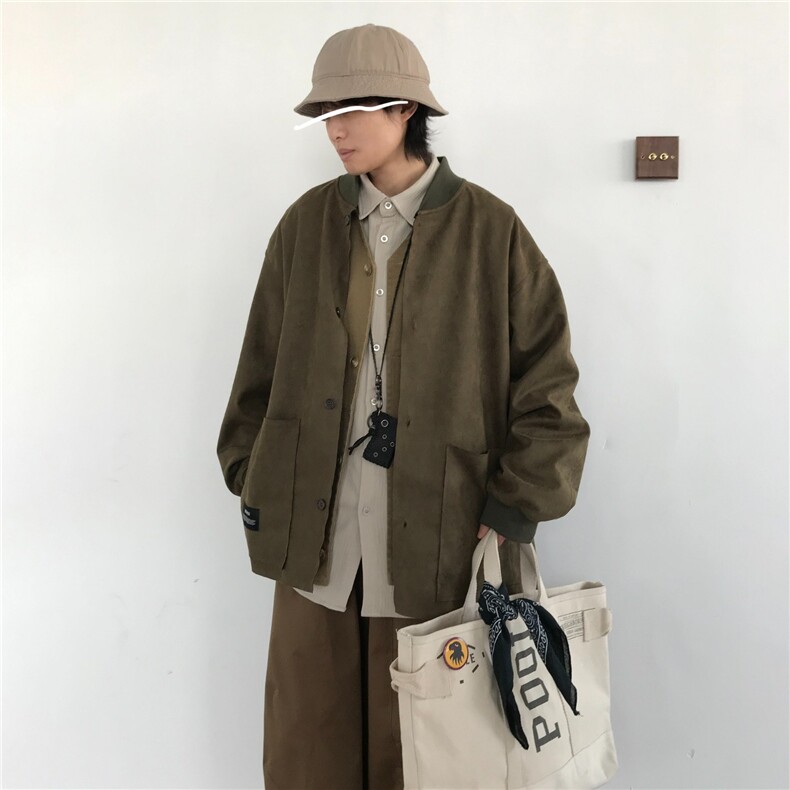 日系风秋季宽松外套工装男女同款圆领复古麂皮绒夹克JKC215图片