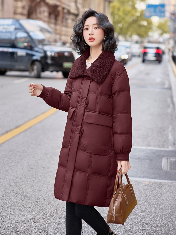 2025冬季羊羔毛拼接领子时尚中长款羽绒外套女,女装羽绒服,E百度