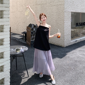 温柔风淡人气质套装女夏季2025法式飘带吊带上衣压褶半身裙两件套图片