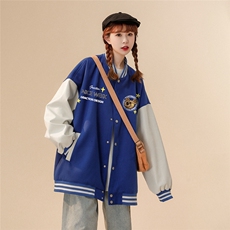中性23春季时尚小熊印花PU皮拼接棒球服夹克外套G643P85控108，男装夹克，A247A