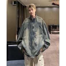复古水洗黄泥染蓝色立领牛仔夹克男宽松拉链外套JN1229-P75有货，男装夹克，星座302B-2