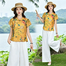 现货！夏季套装2026新款松弛感新中式盘扣上衣服女两件套端庄大气，女装套装/套裙，衣之秀