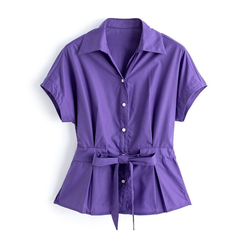 紫色系腰带短袖衬衫女收腰显瘦优雅小衫，女装衬衫，水衣源