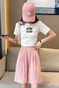 夏季冰丝五分短裤高腰垂感宽松直筒裤凉凉薄款休闲中裤女图片