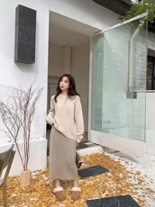 落肩圆领女重磅加厚套头长袖毛衣宽松慵懒减龄针织打底衫，女装针织衫/毛衣，半城羊绒