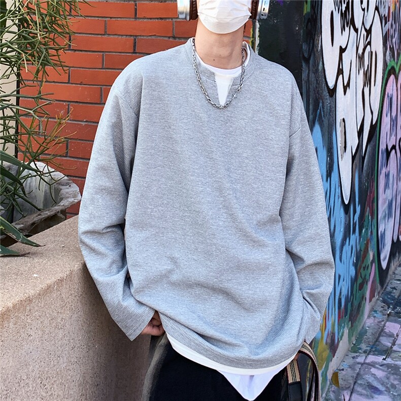 2026春夏大码假两件华夫格长袖T恤男宽松上衣W56683/特P20灰色,男装T恤,电商A094
