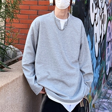 2026春夏大码假两件华夫格长袖T恤男宽松上衣W56683/特P20灰色，男装T恤，电商A094