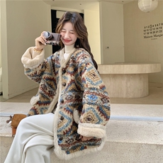 新品有货！复古费尔岛风加绒加厚羊羔毛外套2C213-927-P205-K308，女装短外套，2C213