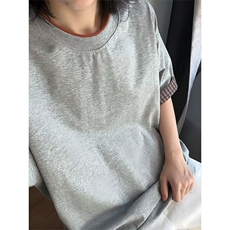 痞帅高街格子拼接短袖T恤男款夏季设计感小领口cleanfit宽松上衣，男装T恤，星座208-5