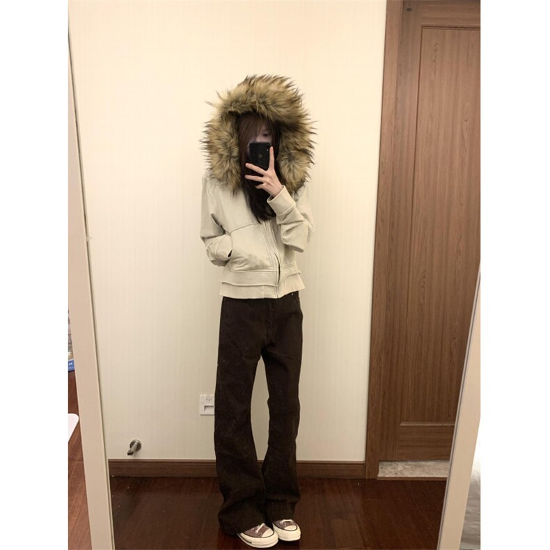 【有货】3335LL-特P85 可拆卸毛领连帽开衫卫衣修身短款外套图片