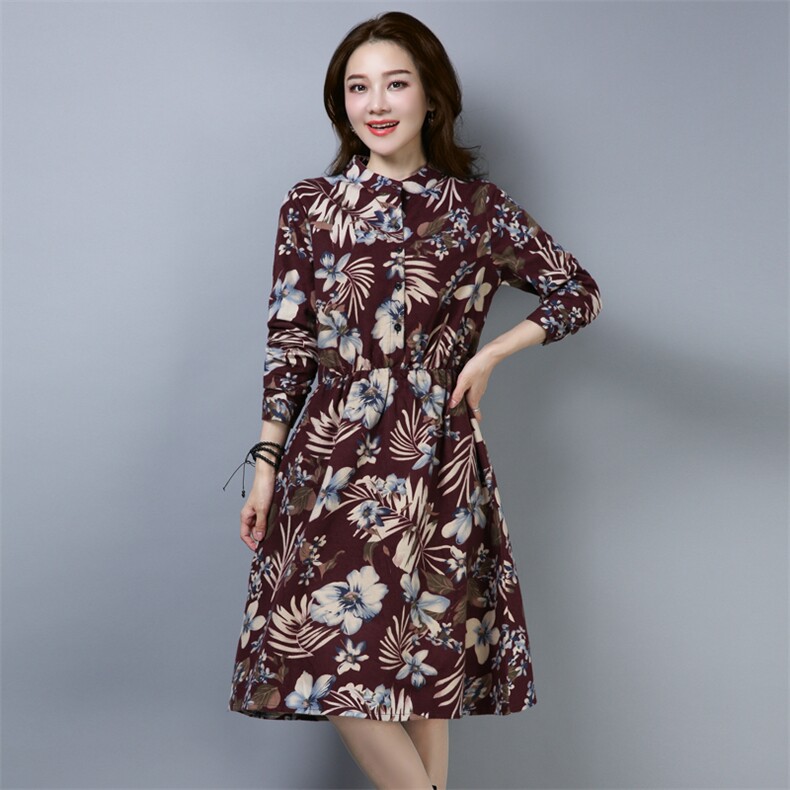连衣裙印花长袖时尚气质修身显瘦潮流圆领排多扣，女装连衣裙，小林双子