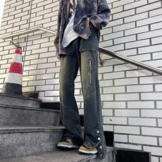 美式高街牛仔裤男韩版潮口袋裤脚开衩2024秋冬ins长裤RK1172-P51，男装牛仔裤，星座412-2