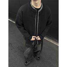 老钱风冬季假两件拼接格子开衫毛衣宽松针织衫M9912TP60，男装针织衫/毛衣，电商A247