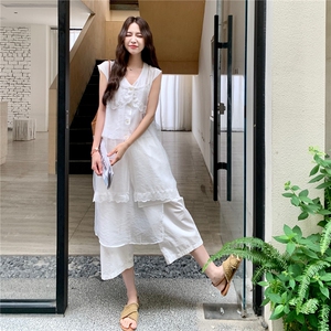 夏日系简约气质两件套女2025高级蕾丝刺绣花边无袖上衣休闲裤套装图片
