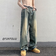 水洗做旧牛仔裤男夏季美式复古宽松阔腿直筒裤炸街裤子WYA07-P42，男装牛仔裤，星座208-5