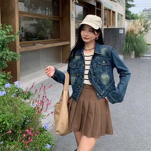 美式复古炸街设计感做旧蓝牛仔外套女2024高级百搭休闲短夹克上衣图片