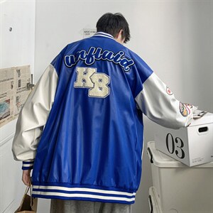 港风春秋新款夹克男字母刺绣港风棒球服宽松休闲PU皮外套2035-P85图片