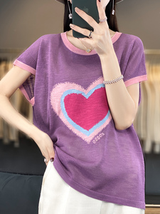 圆领薄款针织衫夏新款竹节麻短袖上衣女爱心宽松亚麻拼色T恤打底图片