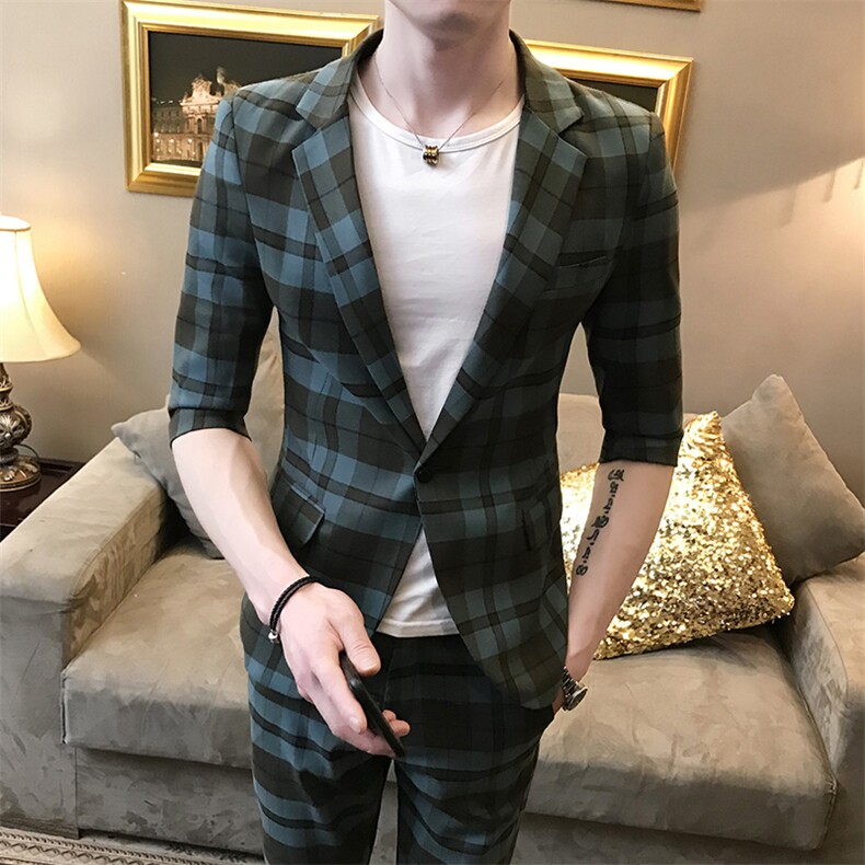 夏季新款社会小伙大格子中袖小西服西裤西装套装A328-1922-P135,男装西服套装,星座406