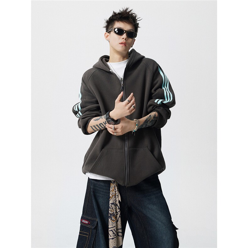 8XL-M秋冬美式运动三条杠条纹开衫卫衣连帽特大码宽松JK5206/P65,男装卫衣,电商B238