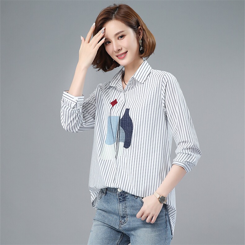 刺绣竖条纹衬衫女长袖2025春装韩版百搭设计感小众港风打底衬衣潮,女装衬衫,小林双子