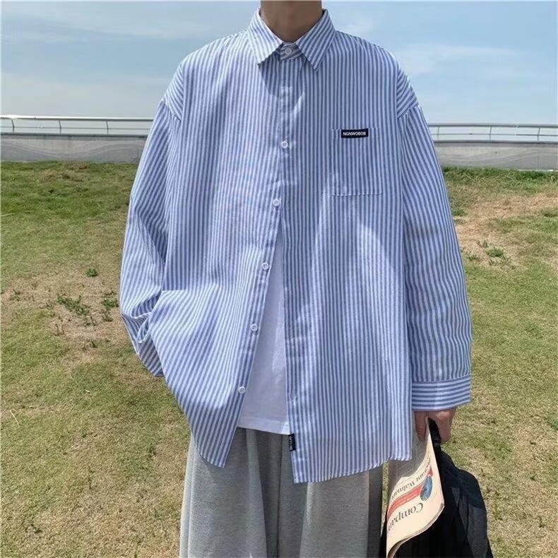 条纹衬衫男长袖春秋季潮流韩版百搭宽松休闲大码港风男生衬衣外套图片
