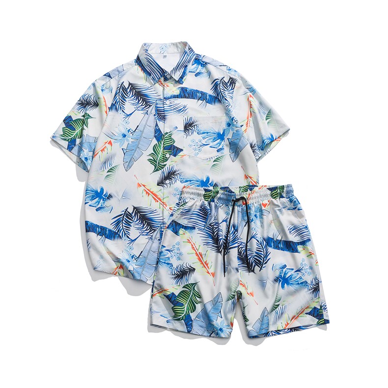 夏威夷短袖短裤套装高级感男大码情侣装冰丝花衬衣海边沙滩套装,男装休闲套装,电商A128