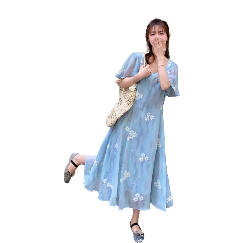 透气短袖法式复古港风印花连衣裙小清新裙子显瘦气质,女装连衣裙,2C123