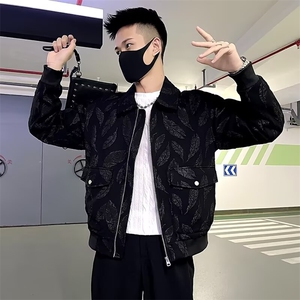 痞帅男士翻领夹克黑白色高级感帅气青年外套印花纯色夹克衫春装潮图片