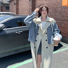 韩系工装牛仔拼接风衣外套女春秋2025新款超火好看中长款夹克大衣，女装风衣，2C292