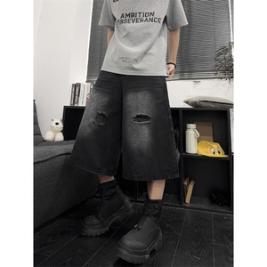 B221 美式ins高街宽松直筒破洞七分牛仔裤短裤 LK25532-特P40控68图片