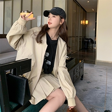 韩系chic穿搭卡其色夹克上衣套装女春秋超火好看高级感短裙两件套，女装套装/套裙，2C037