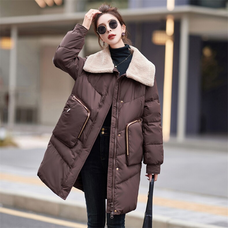 现货2023冬季新款拼接加厚中长款羽绒服女白鸭绒防寒外套,女装羽绒服,仟媚宠