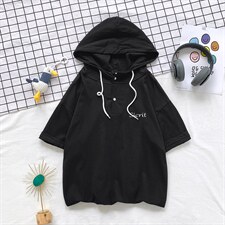 LD54098-P45 连帽短袖t恤男大码胖子带帽五分袖中袖图片