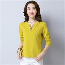 小V领印花长袖套头时尚显瘦淑女2022年春秋季T恤棉，女装T恤，依倍林