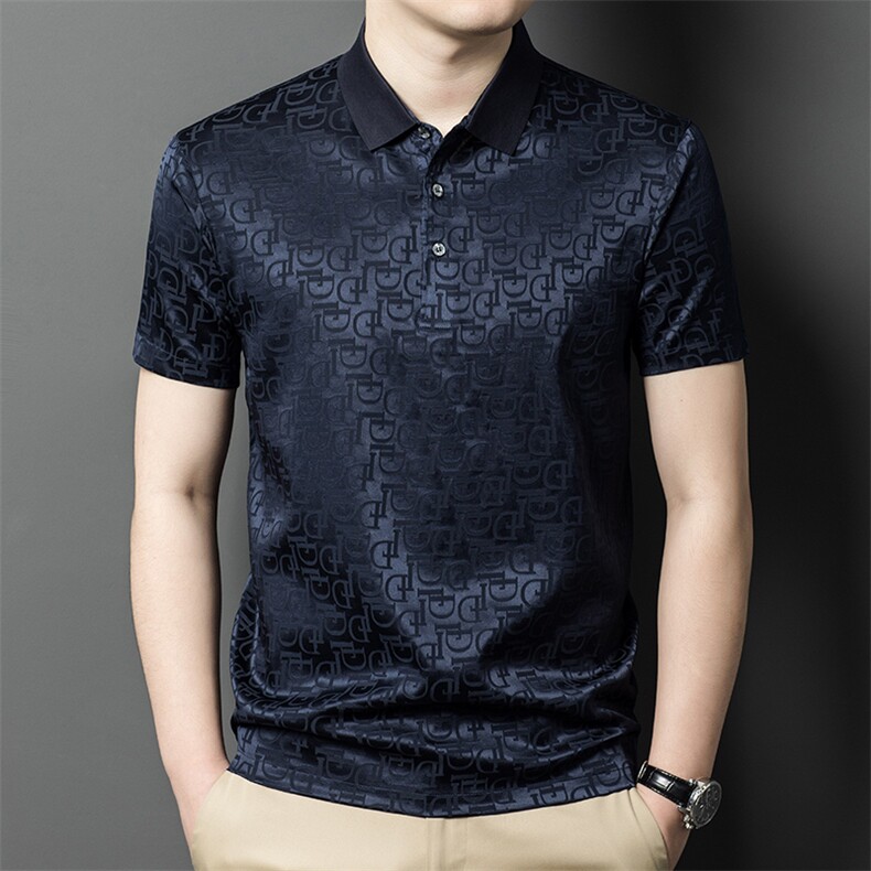夏季高端品质提花半袖短袖polo衫薄款绸缎男休闲真丝上衣，男装T恤，钱塘6003B