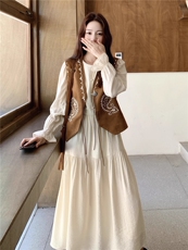 民族风马甲套装裙女秋气质连衣裙两件套，女装套装/套裙，昱喆服饰